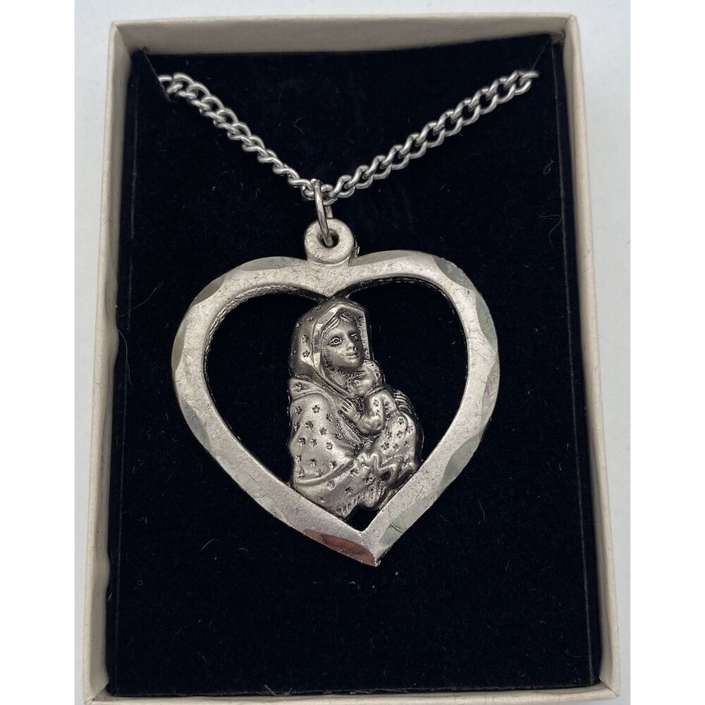 Vintage Virgin Mary/Madonna w Christ Child Pendant Necklace, Silver-Toned, Italy
